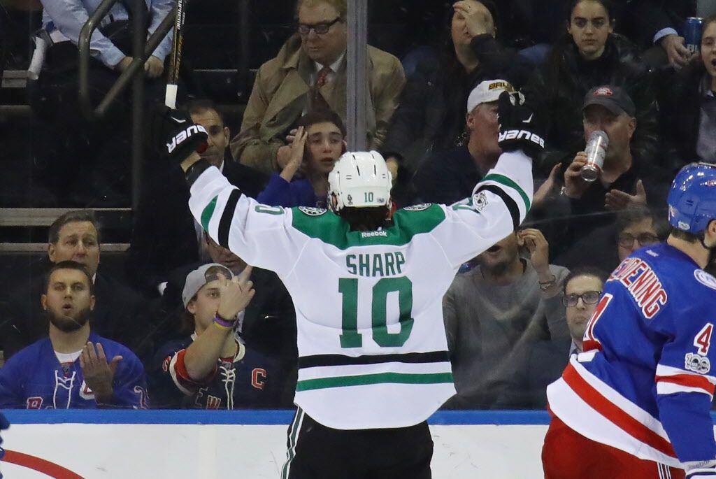 NEW YORK, NY - JANUARY 17: Patrick Sharp #10 of the Dallas Stars celebrates his goal at...