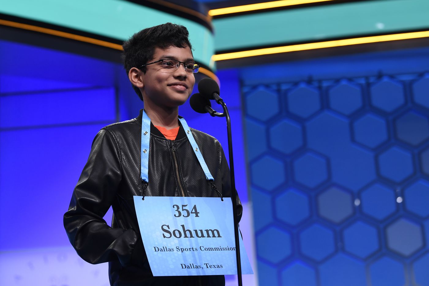 Sohum Sukhatankar, 13, of Dallas, competes in the finals of the Scripps National Spelling...