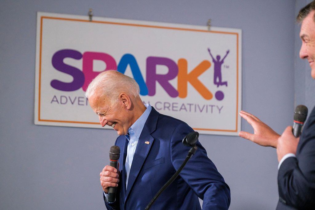 Democratic presidential candidate Joe Biden laughs as he takes questions from Dallas Mayor...