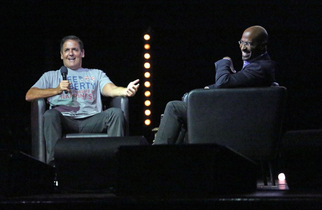 Mark Cuban and Van Jones talk during the We Rise tour to fight hatred and racism, in a...