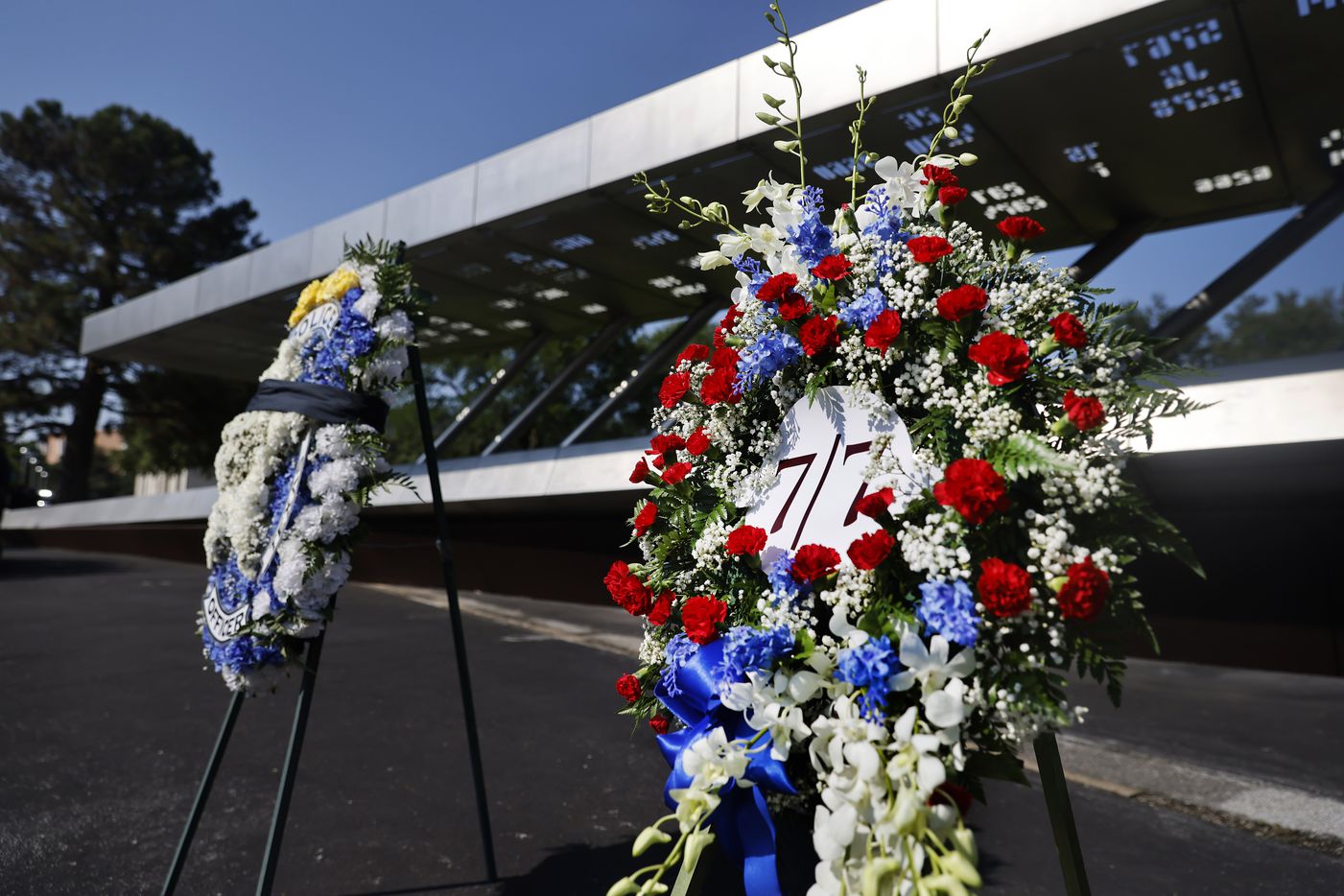 A special 7-7 wreath was placed during the 2021 Police Memorial Day at the Dallas Police Memorial in downtown Dallas, Wednesday, July 7, 2021. It was the 5th anniversary of the July 7th ambush and special recognition was given to those officers who were killed. (Tom Fox/The Dallas Morning News)