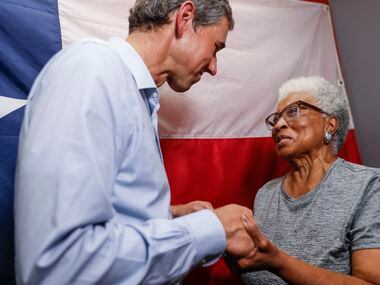 Texas Governor candidate Beto O'Rourke, greets Julia Williams, right, mother of one of the...