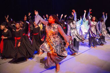 Praise groups perform a final dance during the South Dallas Dance Festival on Nov. 15, 2015,...