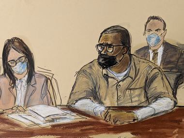 In this courtroom sketch, R. Kelly and his attorney Jennifer Bonjean, left, appear during...