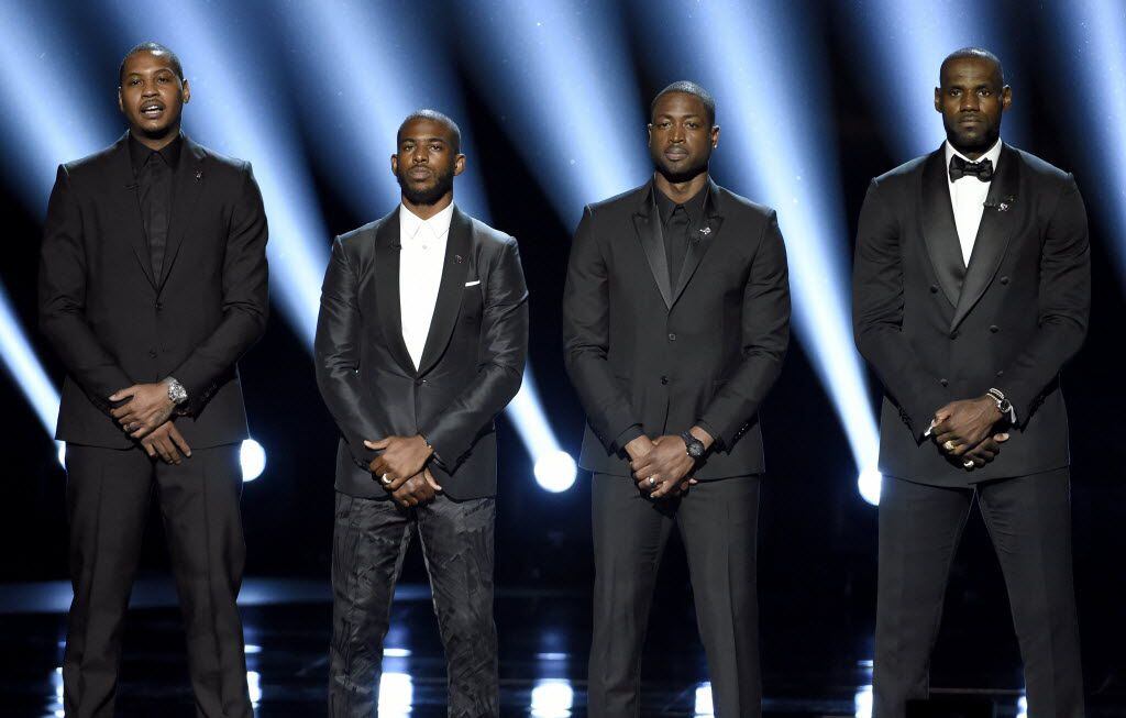 NBA basketball players Carmelo Anthony, from left, Chris Paul, Dwyane Wade and LeBron James...