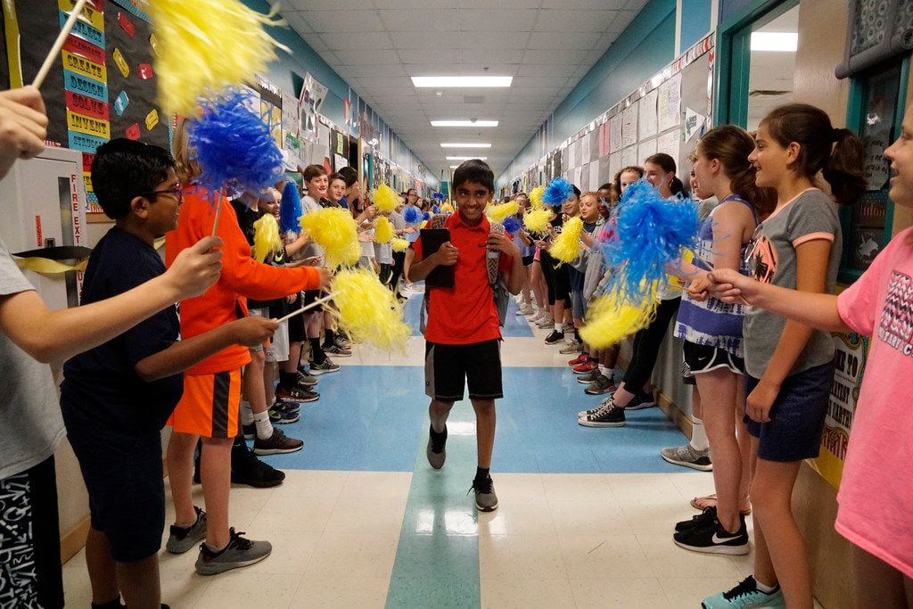 Students and teachers give Abhijay Kodali a grand send off to the National Spelling Bee at...