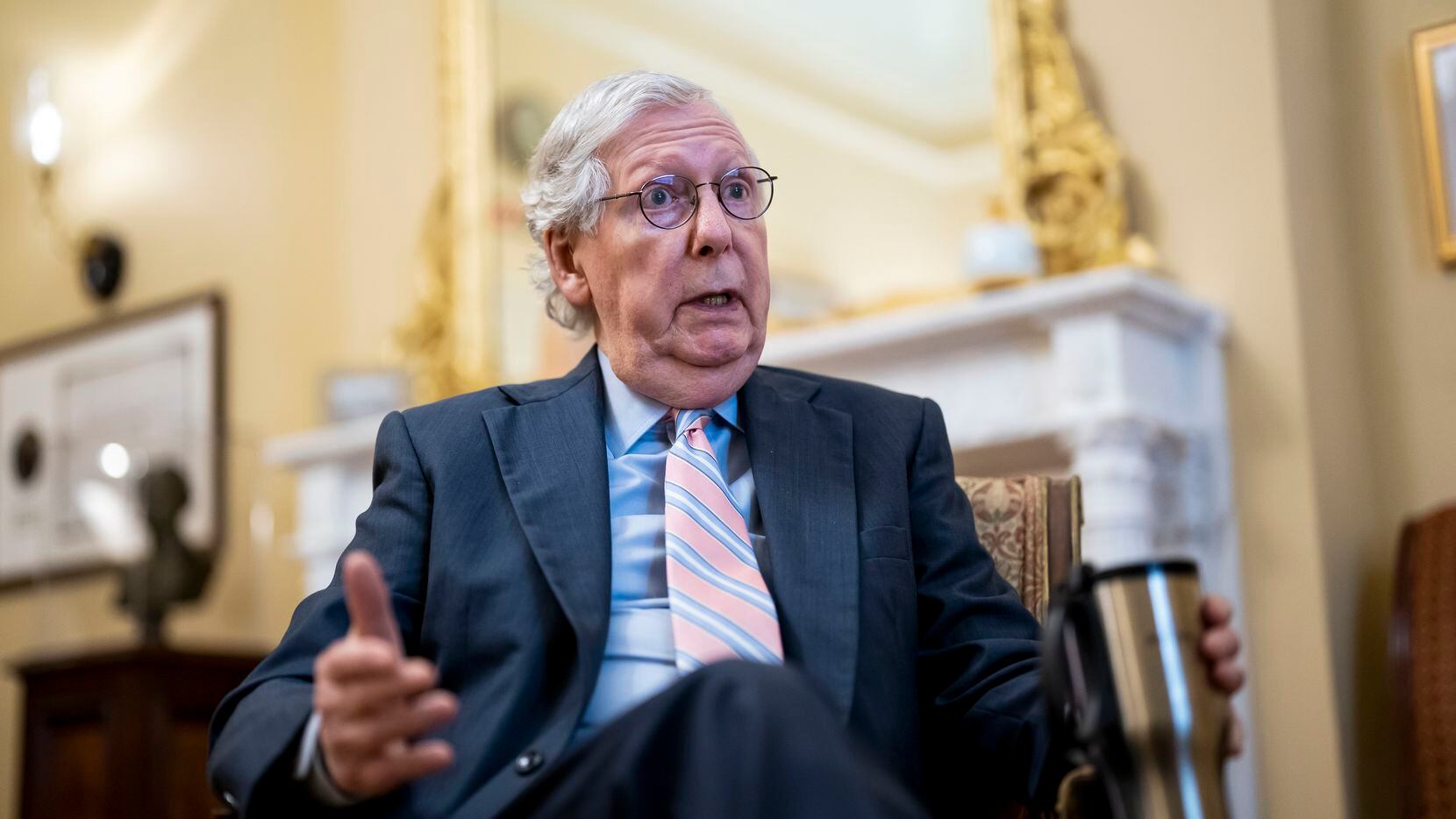 FILE - Senate Minority Leader Mitch McConnell, R-Ky., discusses NATO expansion and other...