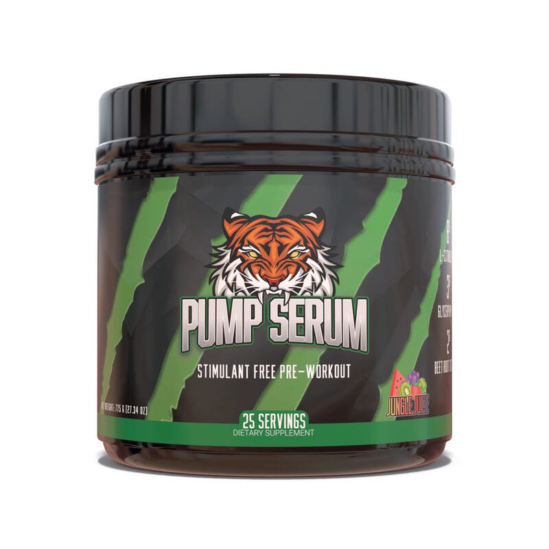 Pump Serum product image with a tiget and green and black stripes on the label.