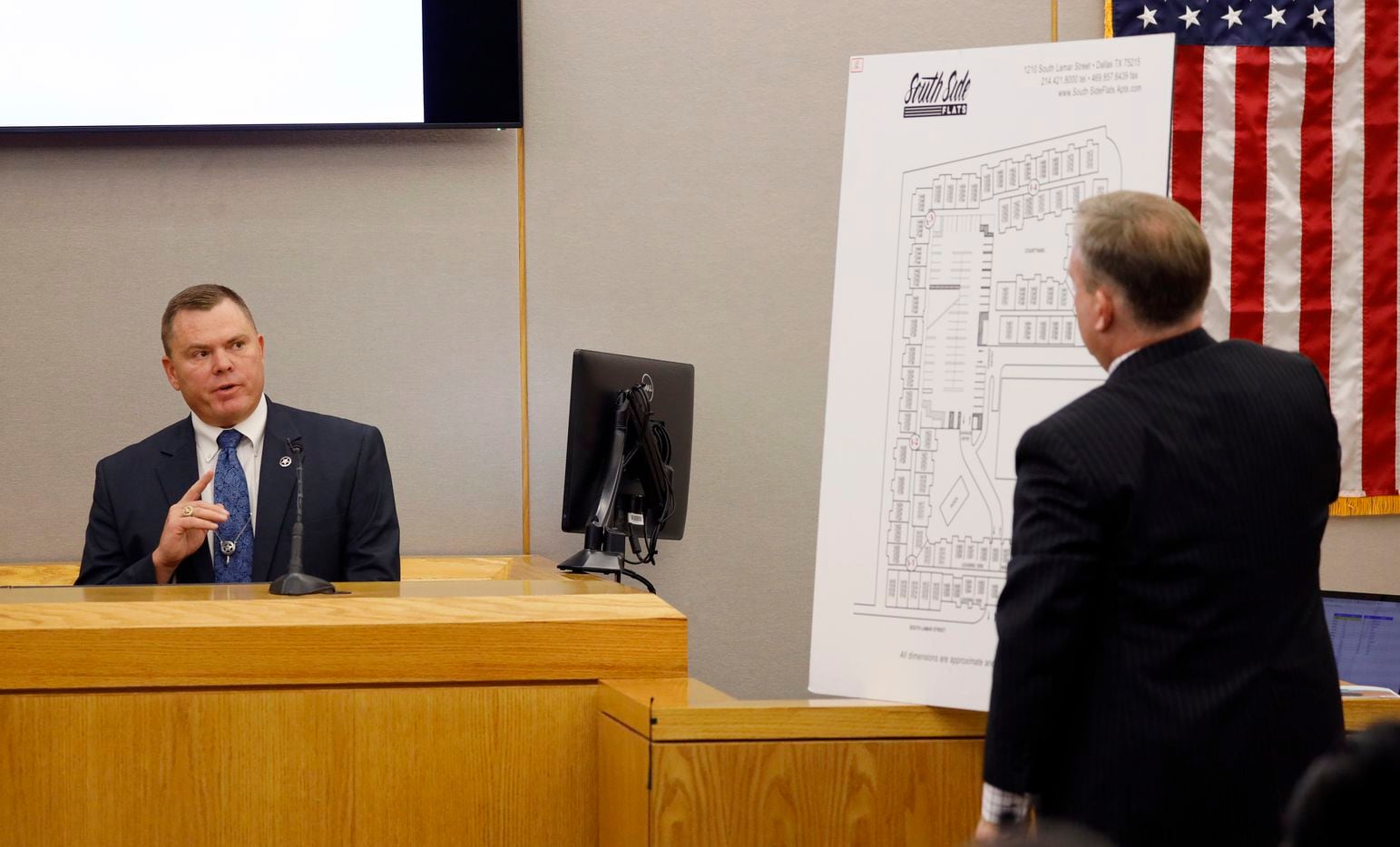 Assistant District Attorney Jason Hermus (right) questions Texas Ranger Michael Stoner on the witness stand during the morning session. Fired Dallas police Officer Amber Guyger is facing a murder charge in the 204th District Court at the Frank Crowley Courts Building in Dallas, Thursday, September 26, 2019. 