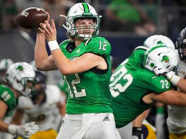 Southlake Carroll quarterback Kaden Anderson (12) throws a pass during the first half of a...