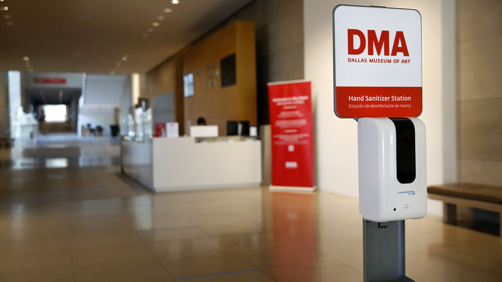 A hand sanitizer station appears at the entrance of The Dallas Museum of Art on Friday, Aug. 7, 2020. The museum is in the process of installing safety features in preparation for its planned reopening on Aug. 14.