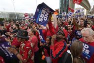 United Auto Workers members hold a rally in Detroit, Friday, Sept. 15.