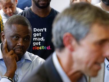 A patron wears a shirt reading “don’t get mad, get elected” as Texas Governor candidate Beto...