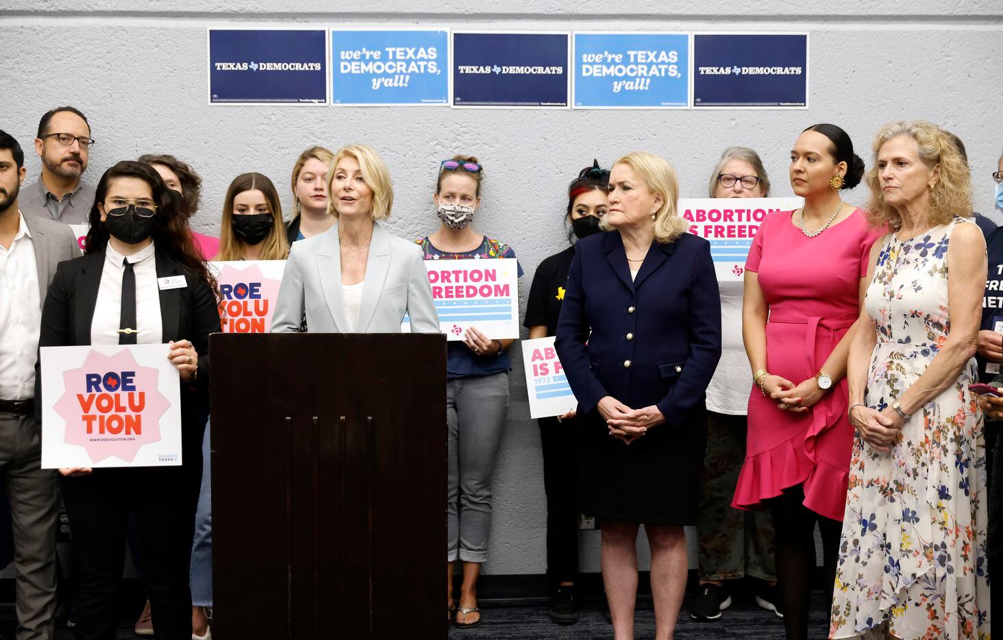 Texas State Senator Wendy Davis (at podium) joined other Texas Democratic officials for a...