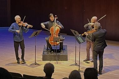 The string quartet Brooklyn Rider -- L to R, Colin Jacobsen (violin), Michael Nicolas...