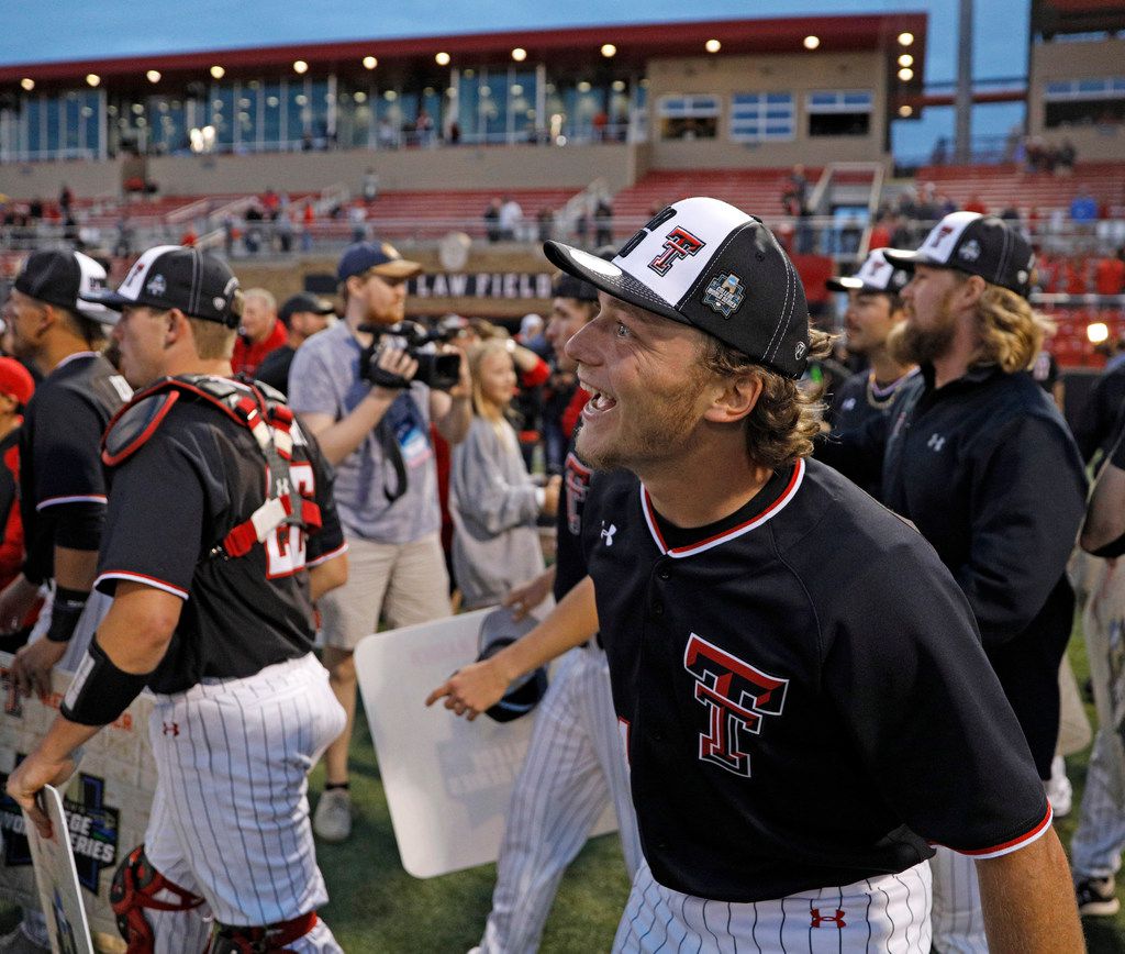 Texas Tech's Dru Baker (4) celebrates after Game 3 of an NCAA college baseball super regional tournament against Oklahoma State, Sunday, June 9, 2019, in Lubbock, Texas. (AP Photo/Brad Tollefson)