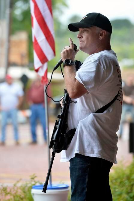 
Army Master Sgt. CJ Grisham speaks last fall at the "Come and Take It" rally in...