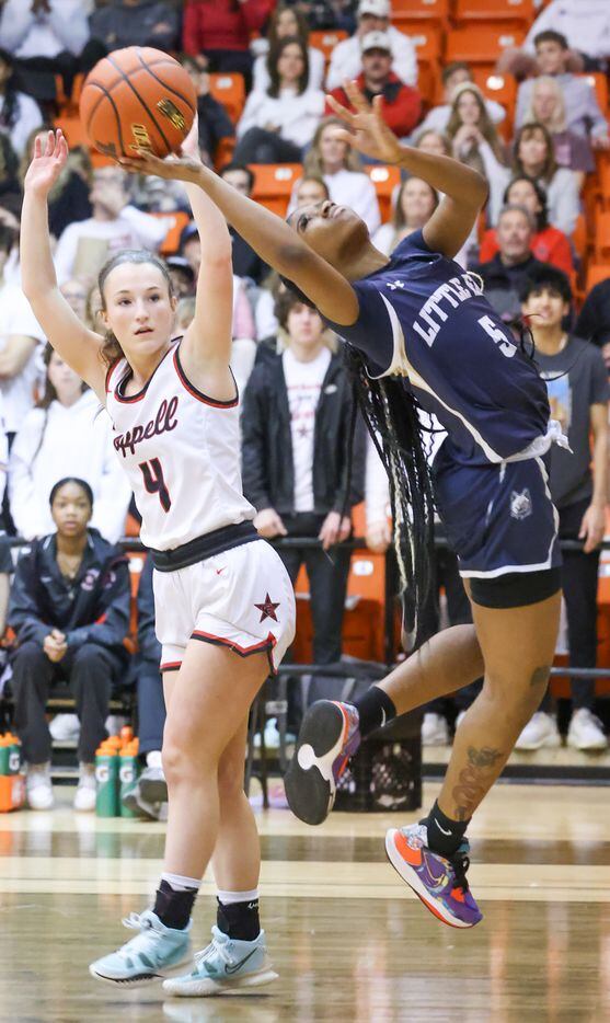 Coppell senior guard Allyssa Potter (4) turns to watch Little Elm junior point guard Madison...