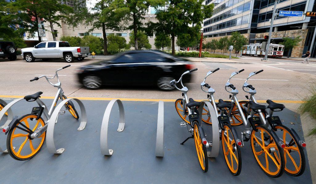 VBike units are available for the ride at Klyde Warren Park in Dallas. (Jae S. Lee/Staff...