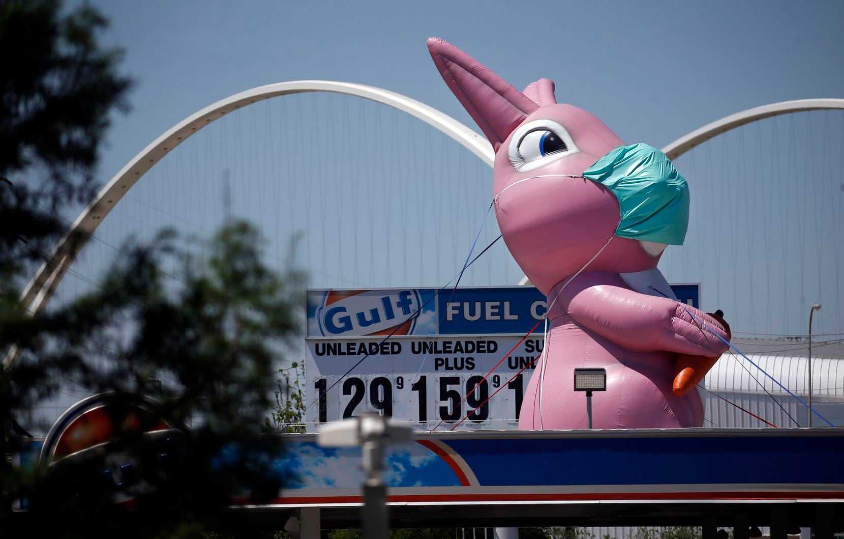 An inflatable Easter Bunny in a protective mask grabbed attention at the Fuel City gas...