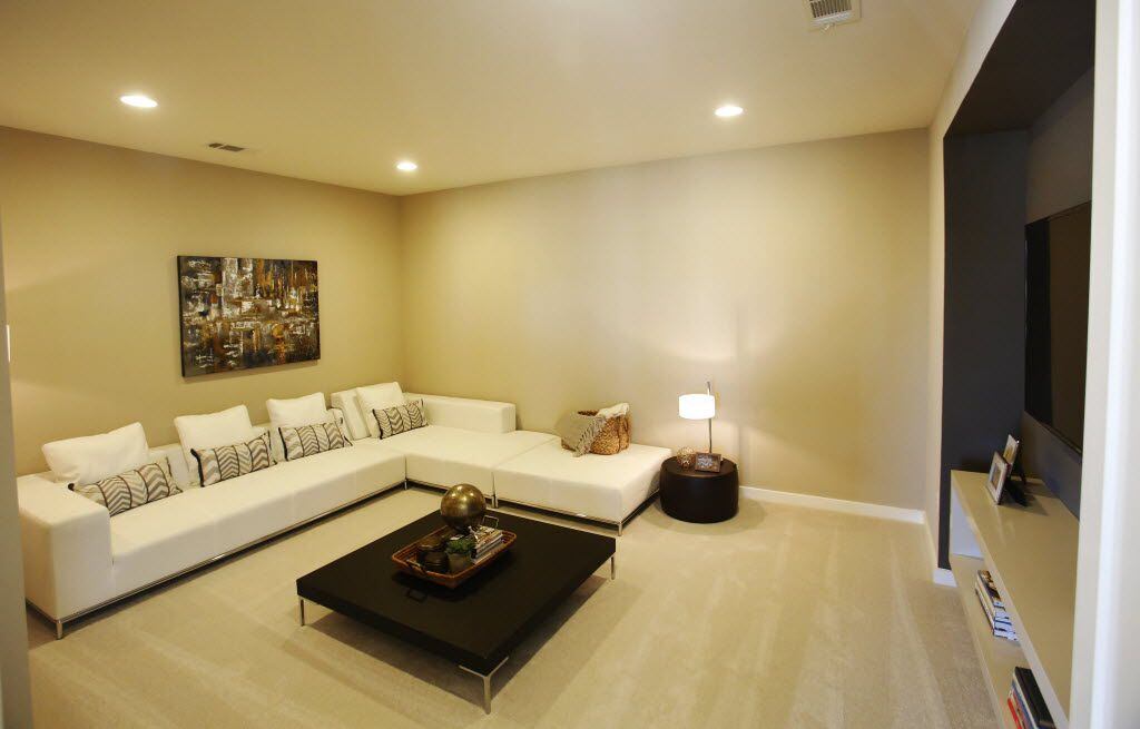 Theater room in the MainVue Homes Carmel Q1 model home at Phillips Creek Ranch in Frisco, on...