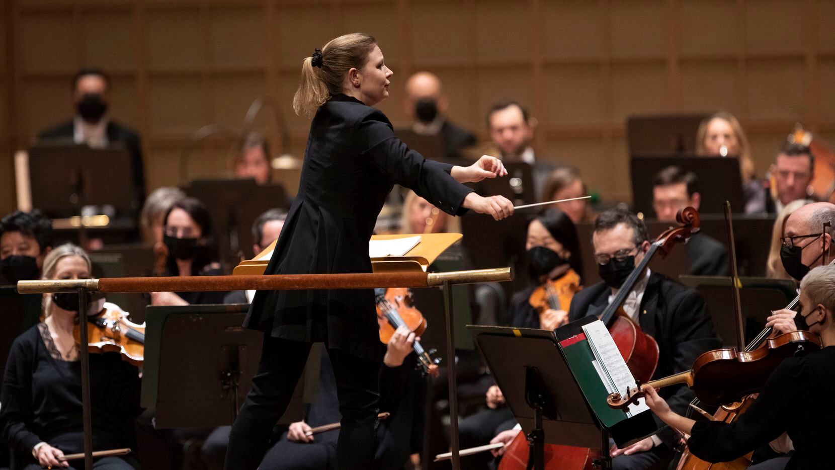 Principal guest conductor Gemma New leads the Dallas Symphony Orchestra in a concert at the...
