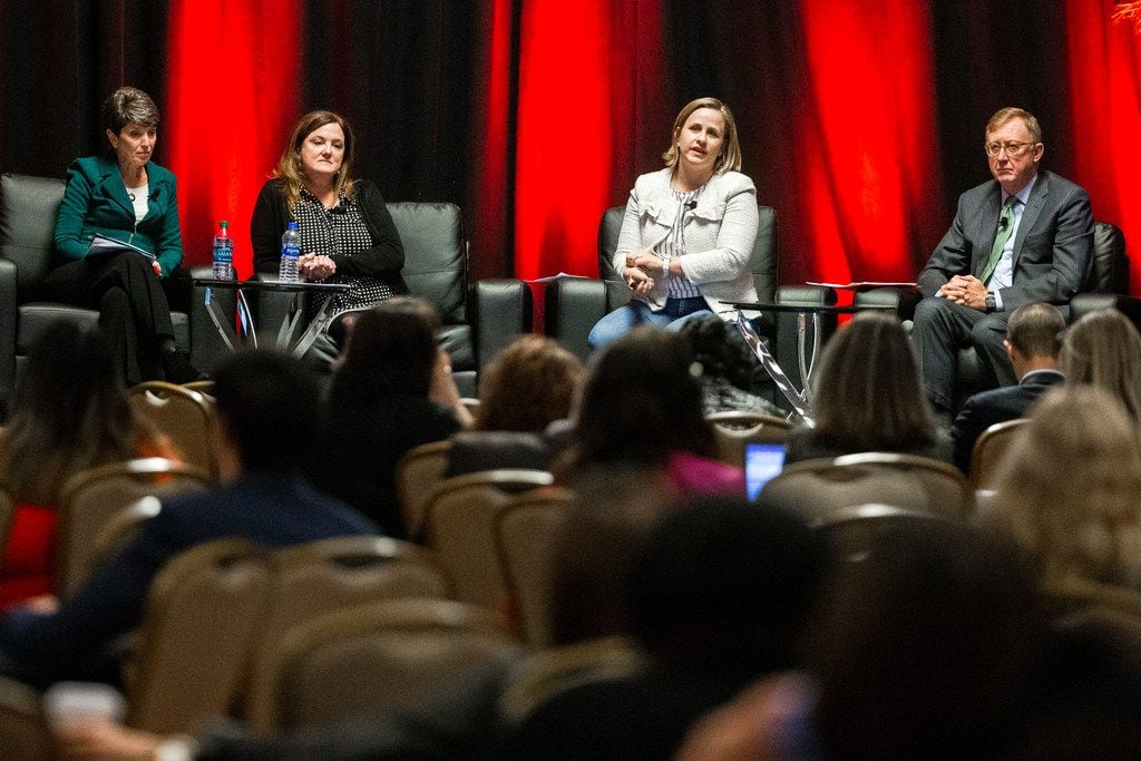 Panelists Robyn Bayne of Aon (left), Betsy Harrison of PepsiCo, Samantha Dean of the city of...