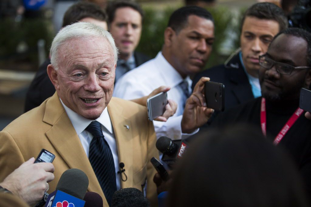 Dallas Cowboys Owner, President and General Manager Jerry Jones speaks to reporters after...