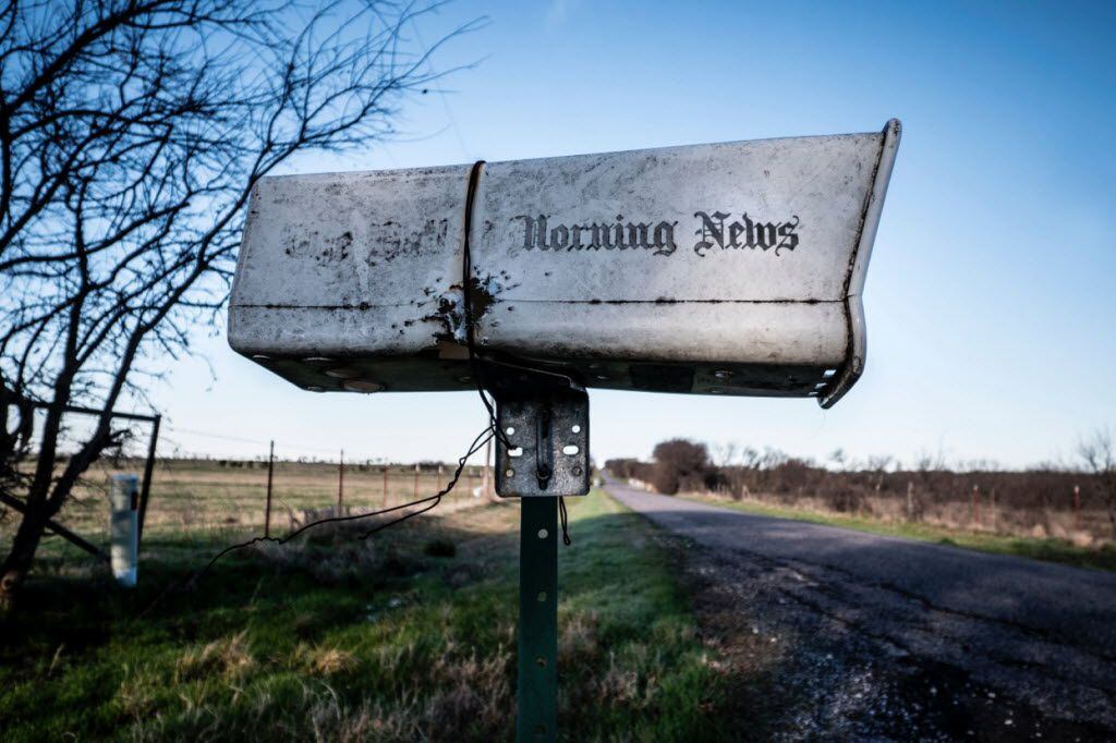 Dallas Morning News box on County Line Road near Celina, Texas Feb. 25, 2016
