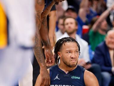 Dallas Mavericks guard Jalen Brunson (13) reacts after being fouled during the second...