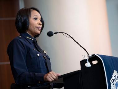 Chief of Police Reneé Hall speaks about last night's arrests at a Margaret Hunt Hill Bridge on Tuesday, June 2, 2020, at Jack Evans Police Headquarters in Dallas.