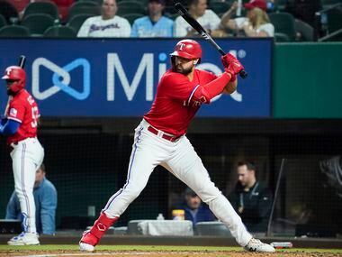 Texas Rangers right fielder Joey Gallo bats during the sixth inning with left fielder Adolis Garcia on deck against the Baltimore Orioles at Globe Life Field on Friday, April 16, 2021.