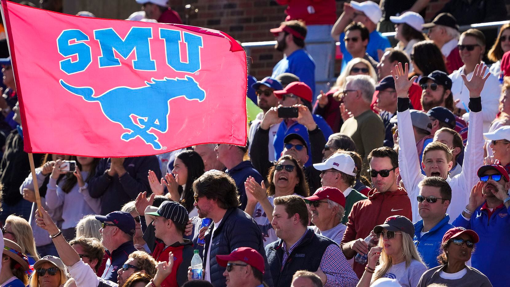 SMU fans celebrate a touchdown catch by wide receiver Reggie Roberson Jr. during the second...