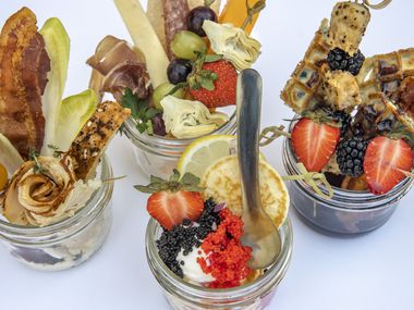 Start with a Mason jar, then choose the ingredients for your jarcuterie masterpiece. Try combinations such as Caviar With Blini (front) or (from left) the Turkey Club, Charcuterie Jarcuterie or Blackberry Chicken and Waffles.