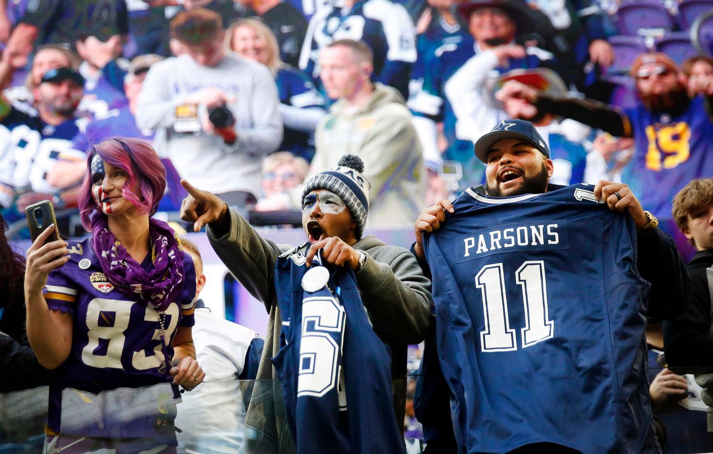 Dallas Cowboys fans cheer for owner Jerry Jones before their game at U.S. Bank Stadium in...