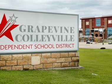 The Grapevine-Colleyville ISD sign is pictured before Mustang Panther Stadium in Grapevine, Texas, Tuesday, June 23, 2020. (Tom Fox/The Dallas Morning News)