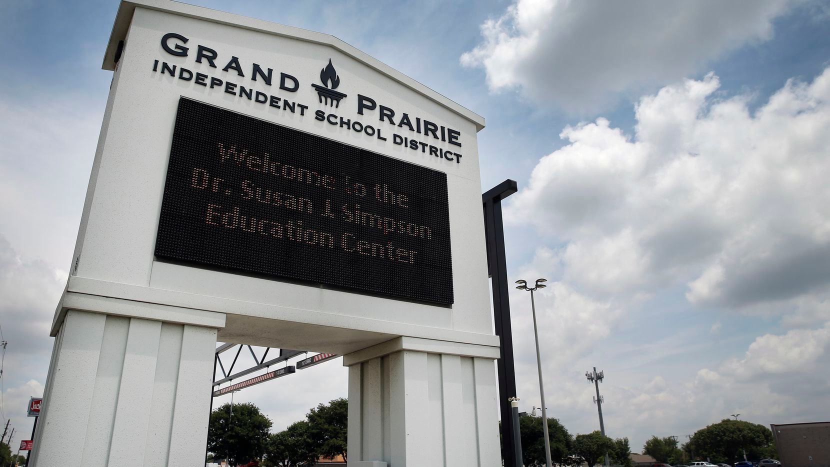 A Grand Prairie Independent School District sign welcomes people to the Dr. Susan J. Simpson...