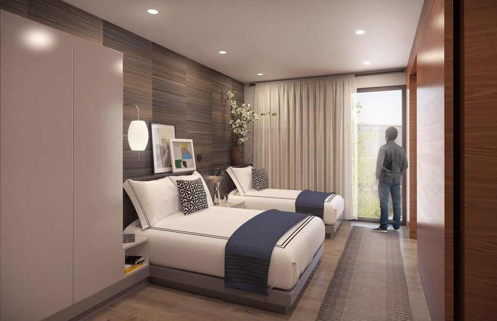 Artist rendering of the guest suite's bedroom at the Gene and Jerry Jones Family Hope Lodge...