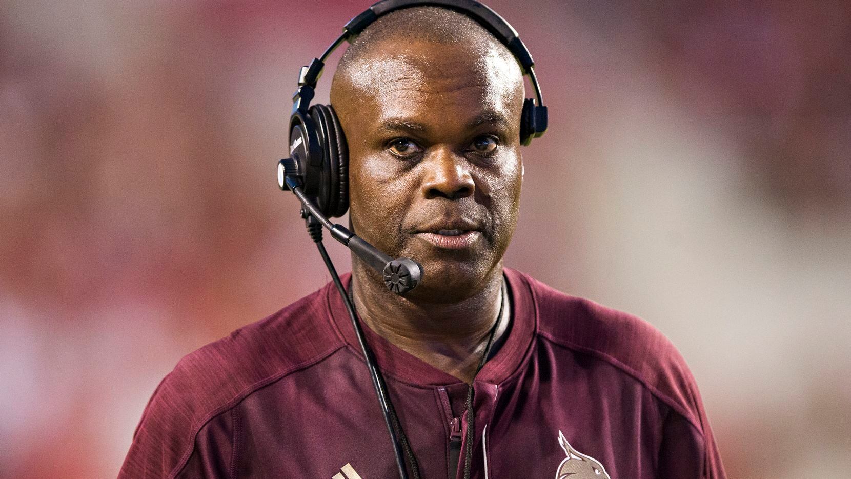 FAYETTEVILLE, AR - SEPTEMBER 17:  Head Coach Everett Withers of the Texas State Bobcats on...