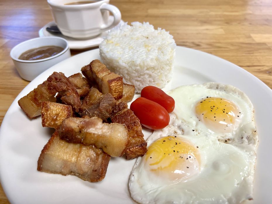 The lechon kawali silog at Marie's Kitchen is made with deep-fried pork belly.
