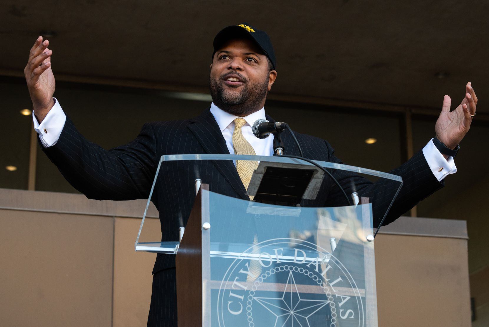 Dallas Mayor Eric Johnson speaks during the Celebration of Champions Parade and Rally,...