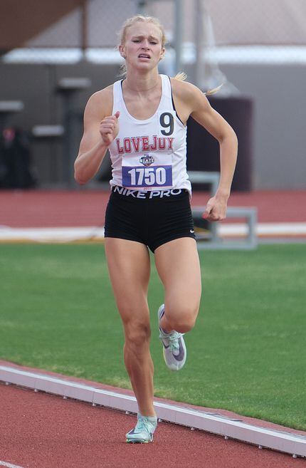 Kailey Littlefield of Lovejoy competes 5A 800M race at the UIL State track championships at...
