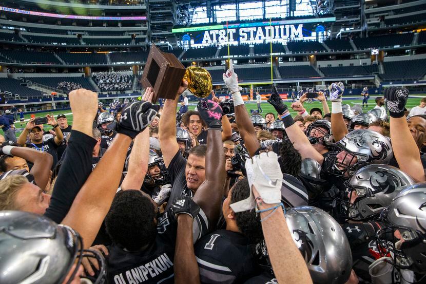 Denton Guyer celebrates after beating Cedar Hill in the Class 6A Division II area-round high...