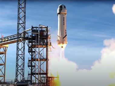 A video frame shows Blue Origin successfully completing its 14th mission to space and back on Jan. 14 at Blue Origin’s Launch SiteOne in Van Horn, Texas.
