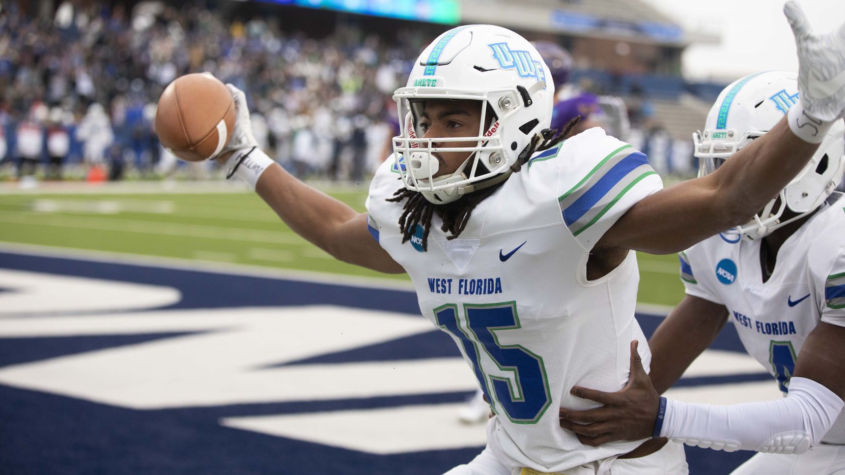 West Florida wide receiver Kevin Grant celebrates after catching a touchdown pass during the...