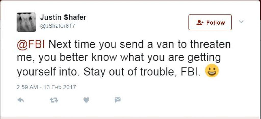 Some of Justin Shafer's tweets about the FBI have resulted in a criminal cyberstalking charge against him in Dallas.