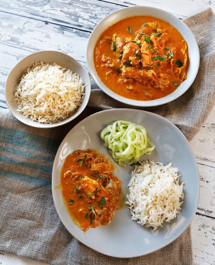Instant Pot Keto Indian Butter Chicken, with rice and spiralized cucumbers. 