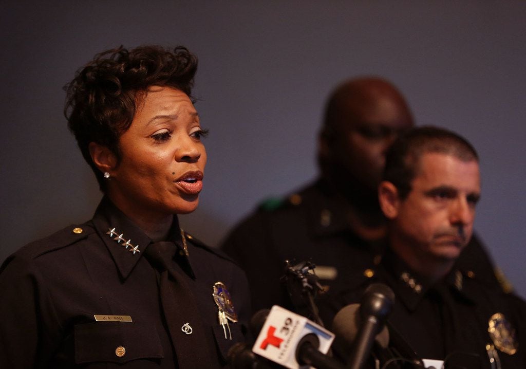 Dallas Police Chief U. Renee Hall speaks at a press conference, following an...