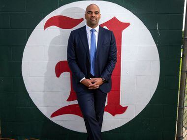 Colin Allred, a candidate for Congress, poses for a photo at his alma mater, Hillcrest High...