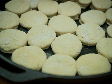Mike Newton's, light and flaky yeast biscuits ready for the oven in one of his favorite...